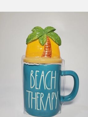Rae Dunn Teal Blue "Beach Therapy" Mug with Yellow Palm Lid